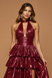 Sparkly Burgundy Metallic Halter Tiered Ruffled Long Holiday Party Dress With Slit