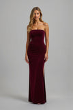 Strapless Burgundy Sheath Long Holiday Dress With Slit