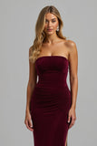 Strapless Burgundy Sheath Long Holiday Dress With Slit
