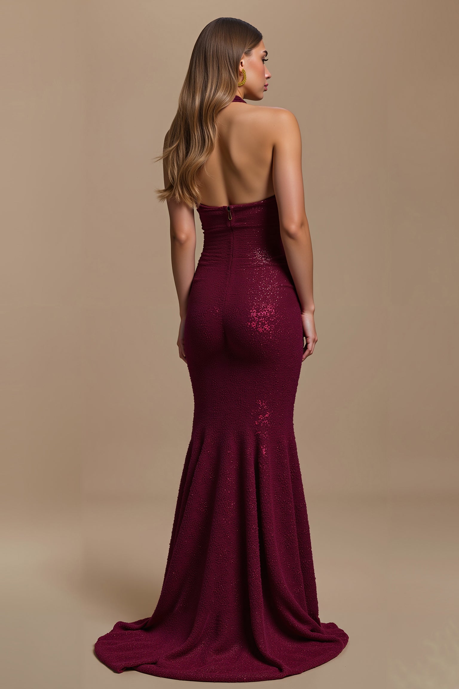 Halter Burgundy Mermaid Sequin Long Holiday Dress