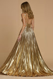 Metallic Golden V Neck Pleated A Line Holiday Dress With Slit