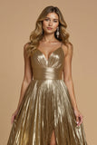 Metallic Golden V Neck Pleated A Line Holiday Dress With Slit