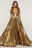 Golden Metallic Pleated A Line Long Holiday Dress