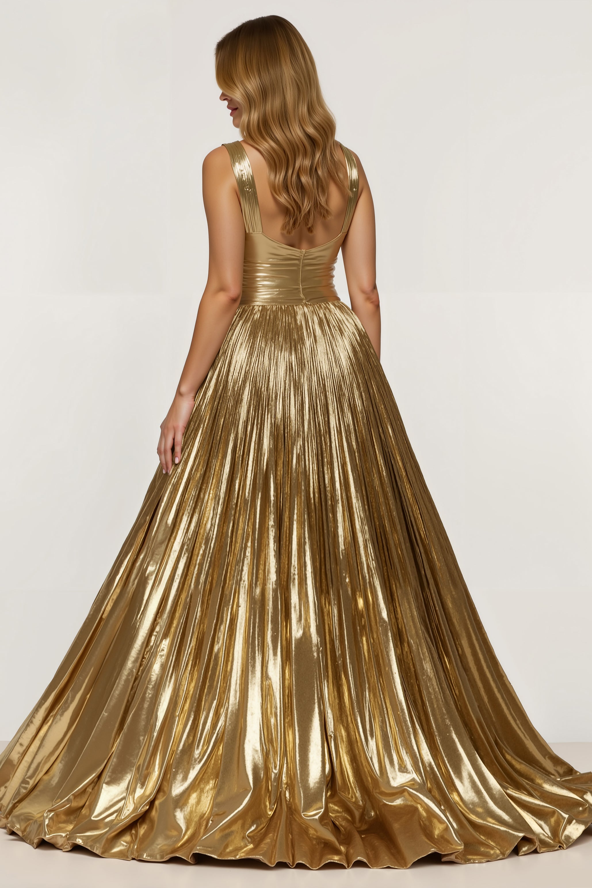 Golden Metallic Pleated A Line Long Holiday Dress