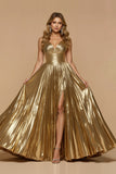 V Neck Golden Metallic Pleated A Line Holiday Dress