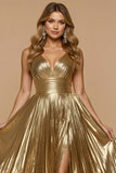 V Neck Golden Metallic Pleated A Line Holiday Dress
