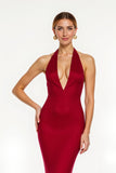 Red Halter Satin Mermaid Long Holiday Dress