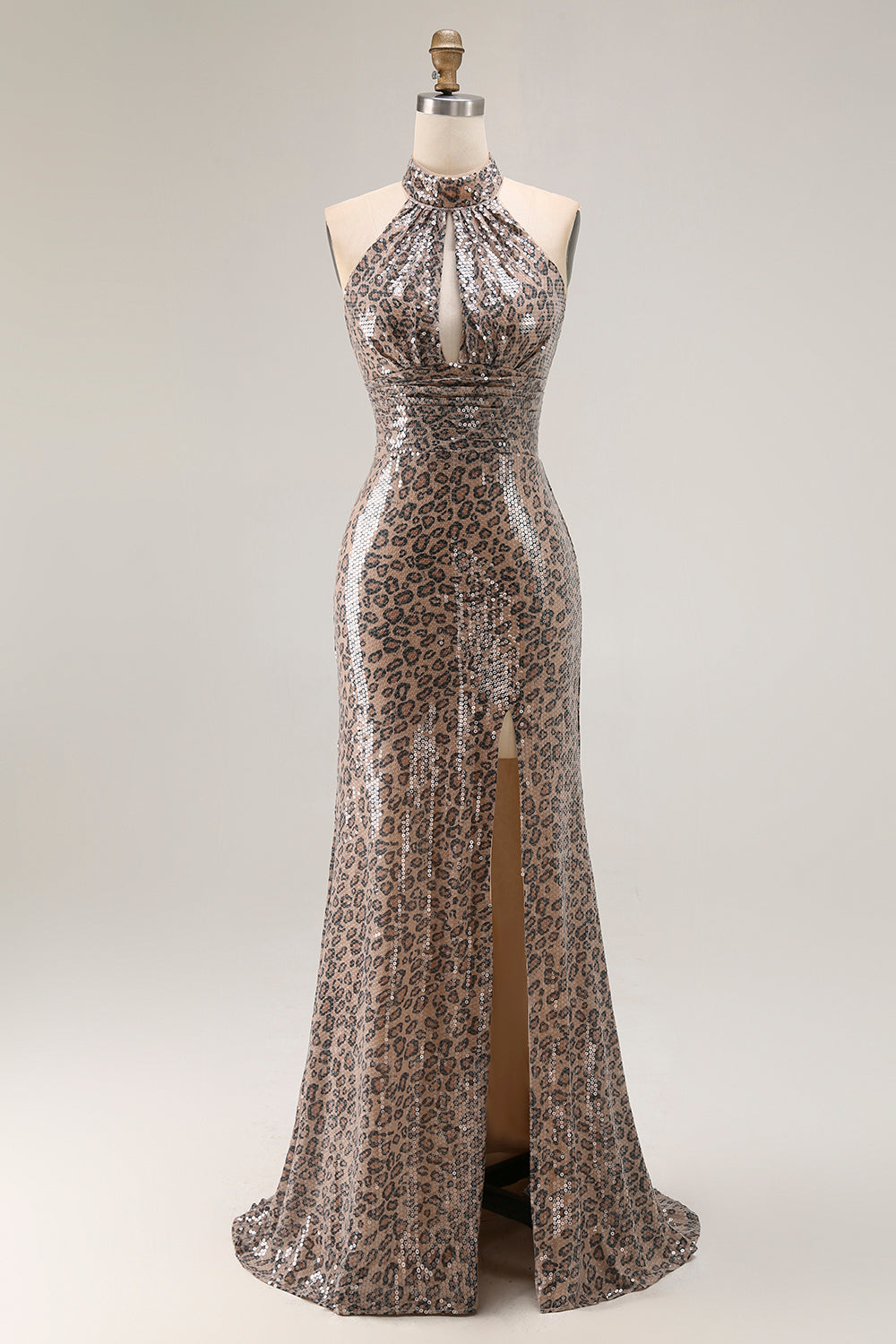Glitter Golden Leopard Mermaid Halter Long Prom Dress with Slit