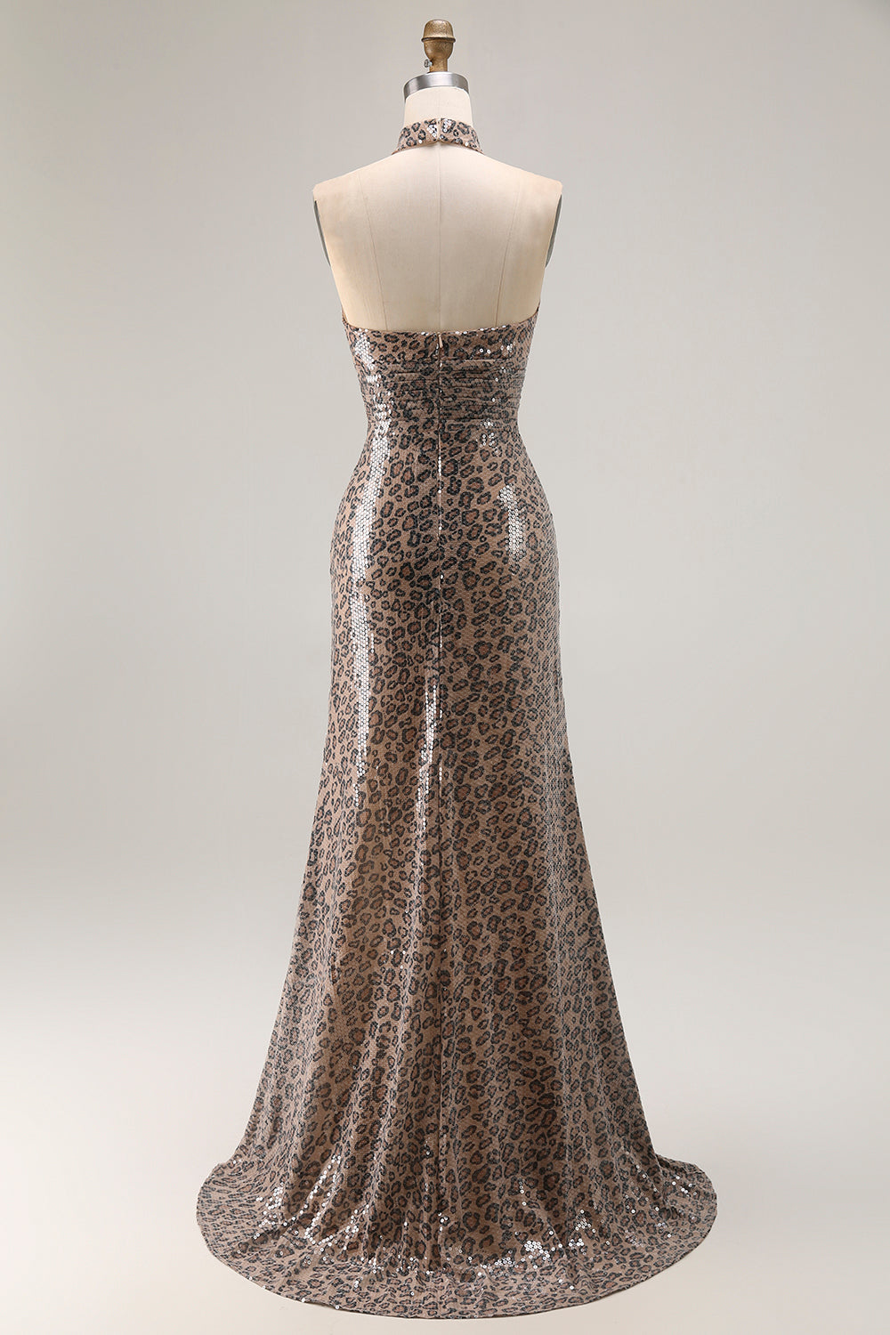 Glitter Golden Leopard Mermaid Halter Long Prom Dress with Slit