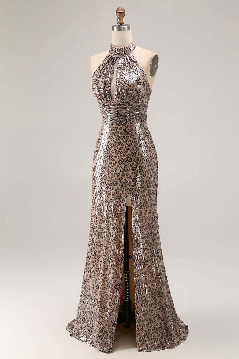 Glitter Golden Leopard Mermaid Halter Long Prom Dress with Slit