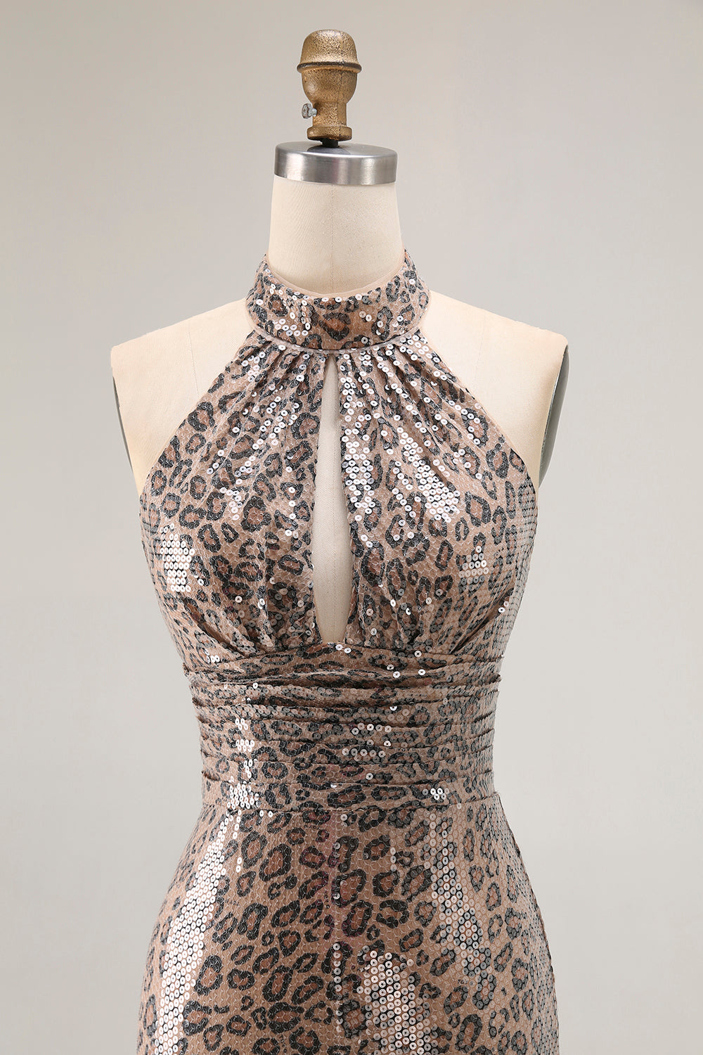 Glitter Golden Leopard Mermaid Halter Long Prom Dress with Slit