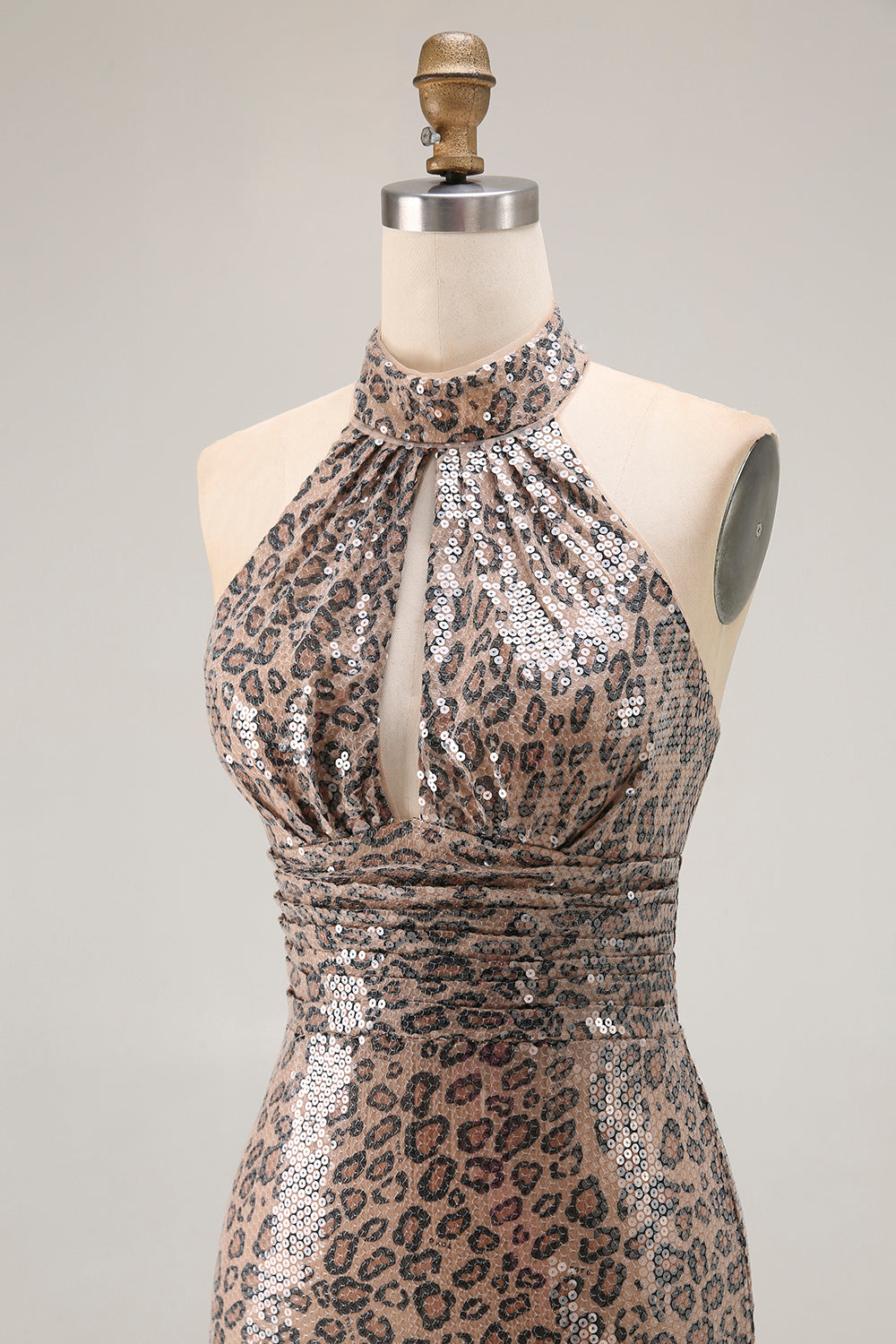 Glitter Golden Leopard Mermaid Halter Long Prom Dress with Slit
