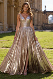 Golden A Line Metallic Pleated Holiday Dress With Slit