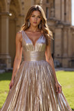 Golden A Line Metallic Pleated Holiday Dress With Slit