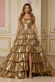 Golden Tiered A Line Metallic Strapless Holiday Dress