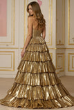 Golden Tiered A Line Metallic Strapless Holiday Dress