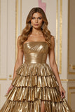 Golden Tiered A Line Metallic Strapless Holiday Dress