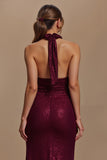 Sheath Burgundy Sequin Halter Long Holiday Dress