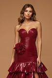 Burgundy Strapless Tiered A Line Metallic Holiday Dress