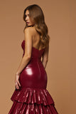 Burgundy Strapless Tiered A Line Metallic Holiday Dress