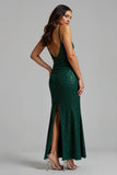Sparkly Dark Green Sheath Long Holiday Dress With Slit