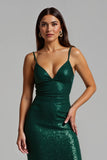 Sparkly Dark Green Sheath Long Holiday Dress With Slit