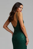 Sparkly Dark Green Sheath Long Holiday Dress With Slit