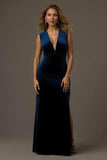 Royal Blue Sheath V-Neck Long Velvet Holiday Party Dress With Slit