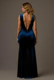 Royal Blue Sheath V-Neck Long Velvet Holiday Party Dress With Slit