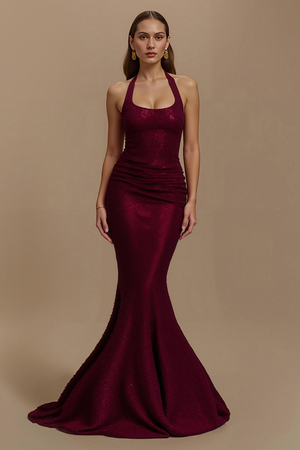 Sparkly Burgundy Halter Mermaid Long Holiday Party Dress
