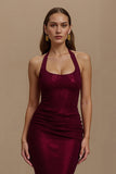 Sparkly Burgundy Halter Mermaid Long Holiday Party Dress