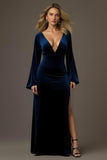 Royal Blue Sheath V-Neck Long Sleeve Velvet Holiday Party Dress