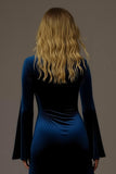 Royal Blue Sheath V-Neck Long Sleeve Velvet Holiday Party Dress