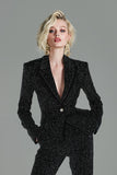 Sparkly Black 2 Piece Button Long Women Suits with Rhinestones