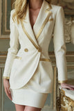 White Notched Lapel 2 Piece Buttons Short Work Dress