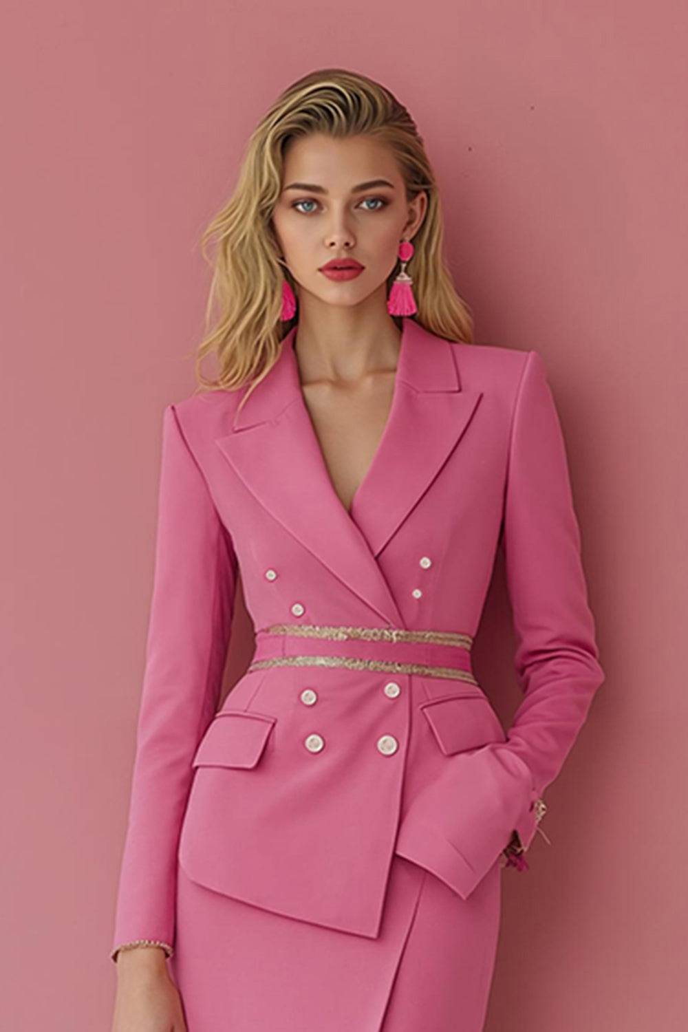 Fuchsia 2 Piece Peak Lapel Midi Work Dress with Pockets