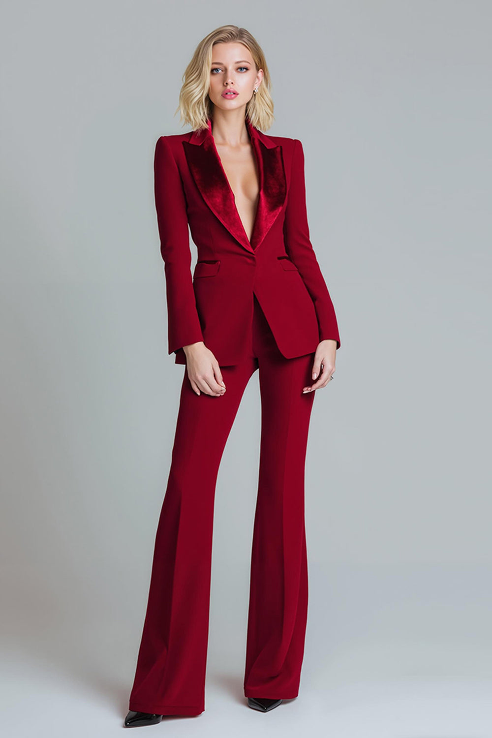 Red 2 Piece Peak Lapel Women Prom Suits with Sleeves