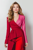 Red 2 Piece Satin Shawl Lapel Women Prom Suits with Sleeves