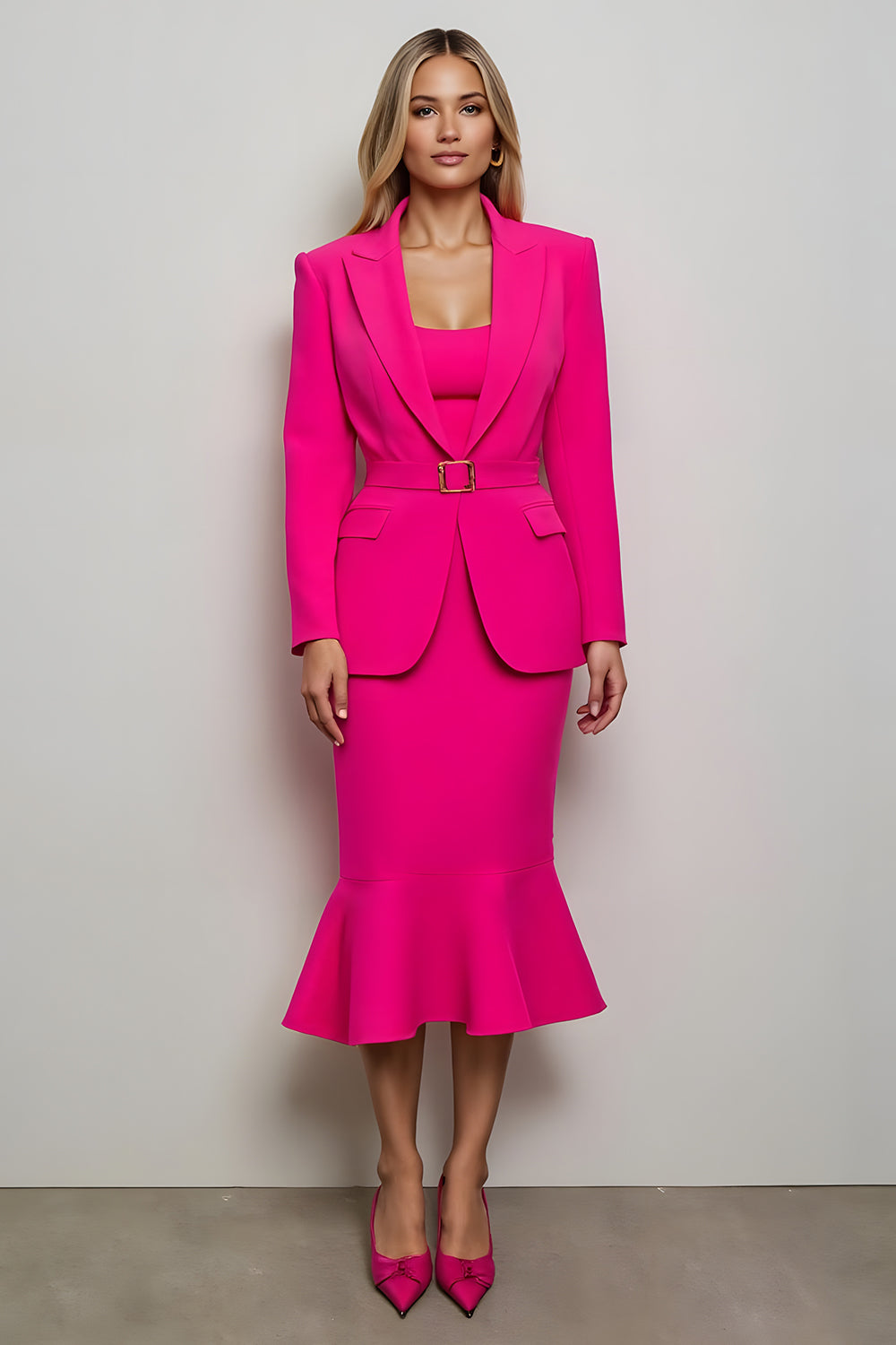 Fuchsia Peak Lapel 2 Piece Mermaid Work Dress with Belt