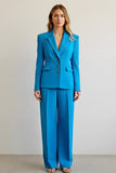Blue 2 Piece Notched Lapel Satin Women Prom Suits