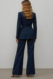 Navy 2 Piece Satin Notched Lapel Women Prom Suits