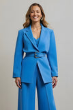 Blue Notched Lapel 2 Piece Women Prom Suits with Belts
