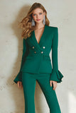 2 Piece Satin Dark Green Double Breasted Rufflu Sleeves Women Prom Suits
