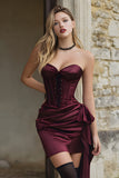 Burgundy Bodycon Sweetheart Ruched Corset Satin Short Homecoming Dress