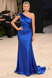 Royal Blue One Shoulder Satin Mermaid Long Gala Dress with 3D Flower