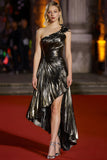 Black Golden One Shoulder Metallic Pleated A-Line High-Low Gala Dress