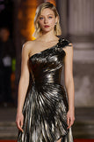 Black Golden One Shoulder Metallic Pleated A-Line High-Low Gala Dress