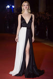 Black White Spaghetti Straps Satin A-Line Long Gala Dress with Slit