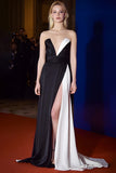 Black White Strapless Satin A-Line Long Gala Dress with Slit
