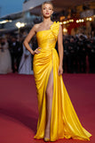 Yellow One Shoulder Satin Ruched Mermaid Long Gala Dress with Slit